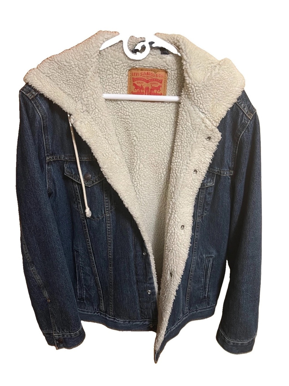 Levi's Sherpa Hooded Denim Jacket Mens Blue Large Trucker 85244-0000 EUC